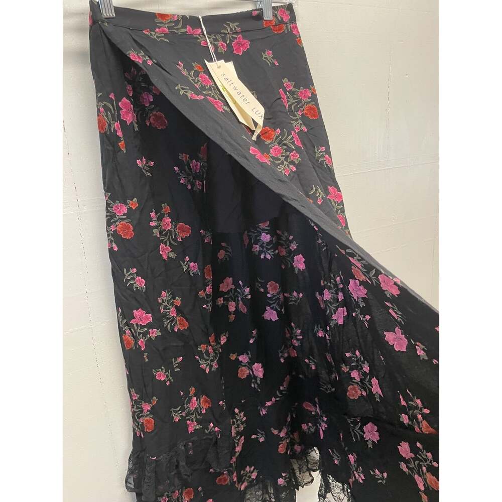 Salt Water Luxe Women's Midi Skirt Small Black Floral & Lace Side Split NWT - Picture 3 of 9